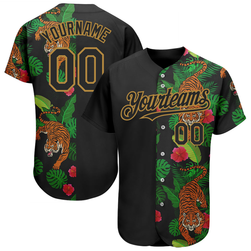 Custom Brown Black-Gold 3D Pattern Design Tiger Authentic Baseball Jersey  Discount