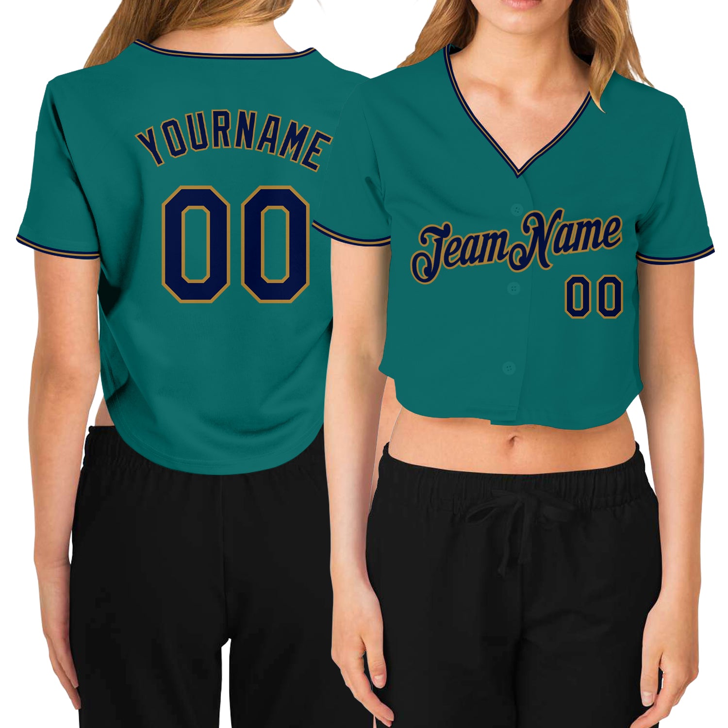 Custom Women's Aqua NavyOld Gold VNeck Cropped Baseball Jersey Sale