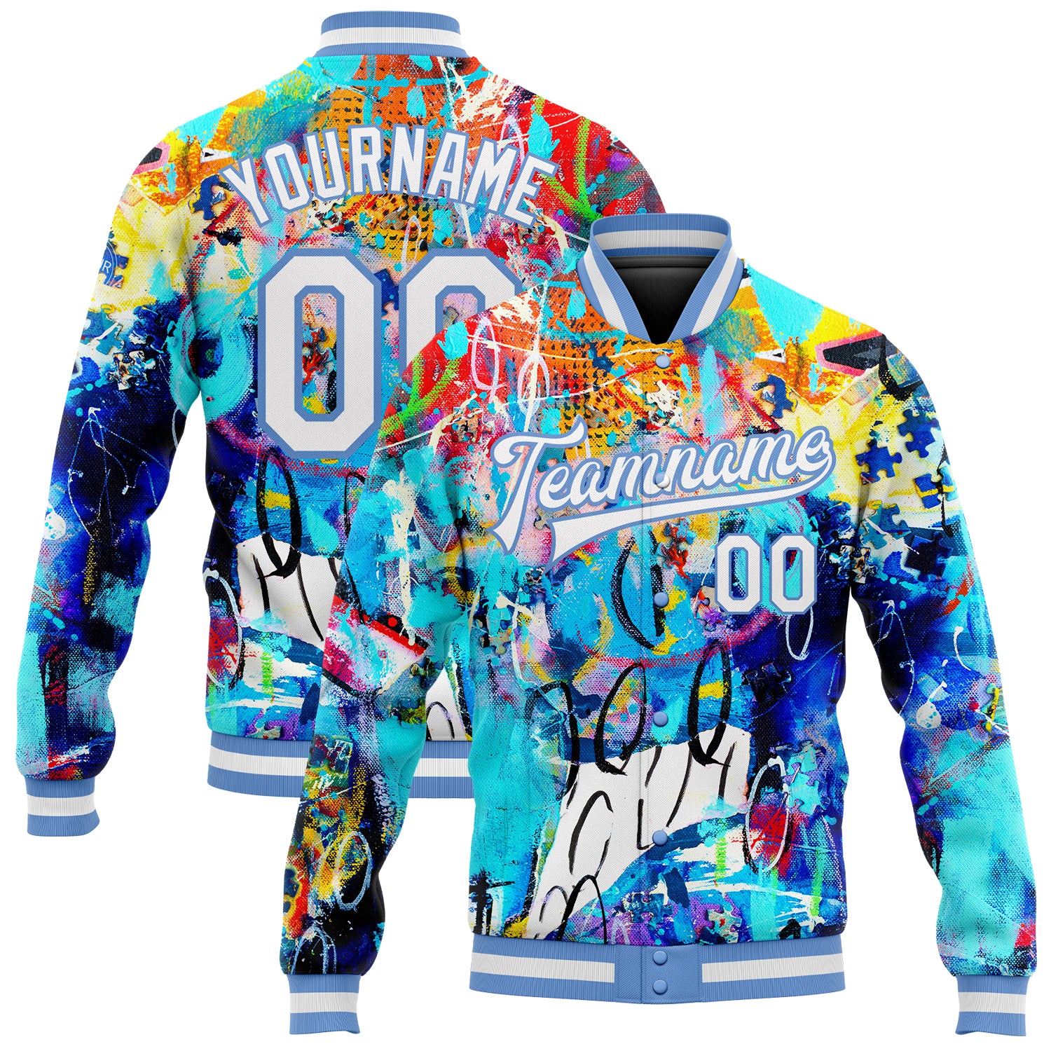 Custom Graffiti Pattern White Light Blue Abstract 3d Bomber Full Snap Varsity Letterman Jacket 6636