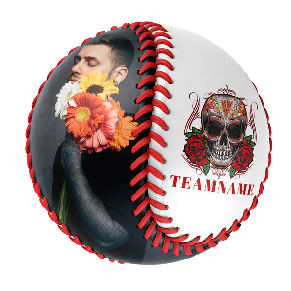 Personalized White Flower Skull Photo Baseballs