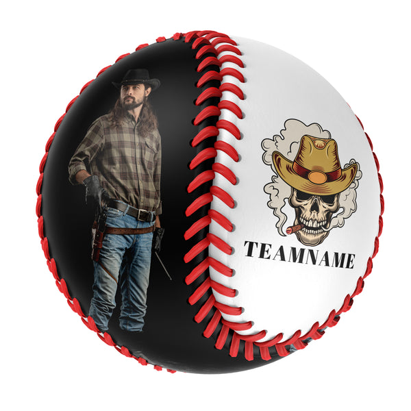 Personalized White Cowboy Smoking Skull Photo Baseballs