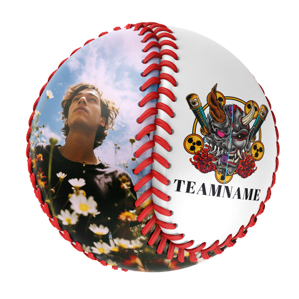 Personalized White Chrysanthemum Ghost Warrior Skull Photo Baseballs