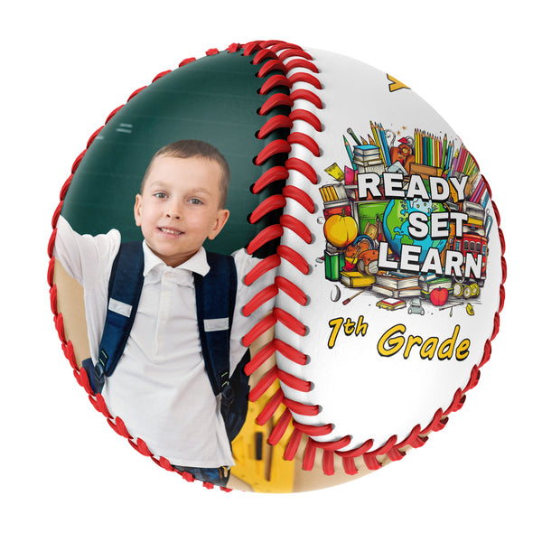 Personalized White Ready Set Learn Starting School 7th Grade Photo Baseballs