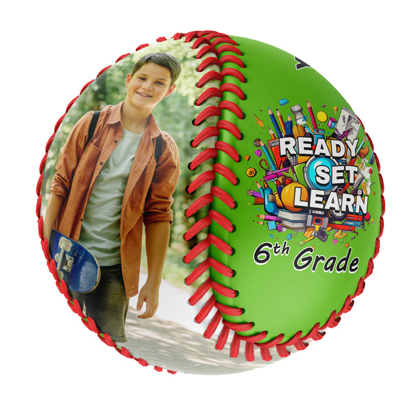 Personalized Gold Ready Set Learn Starting School 6th Grade Photo Baseballs