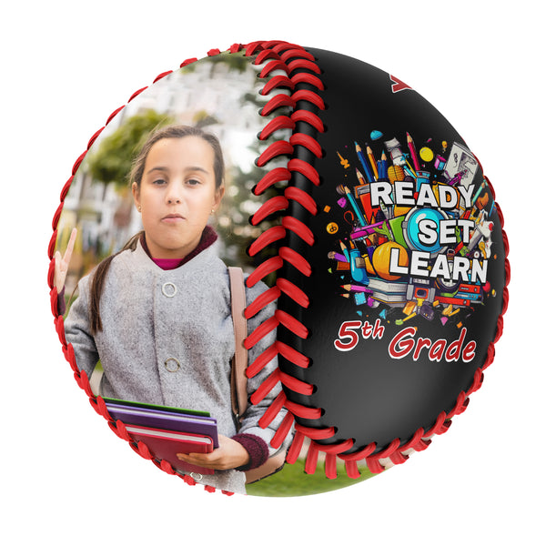 Personalized Black Ready Set Learn Starting School 5th Grade Photo Baseballs