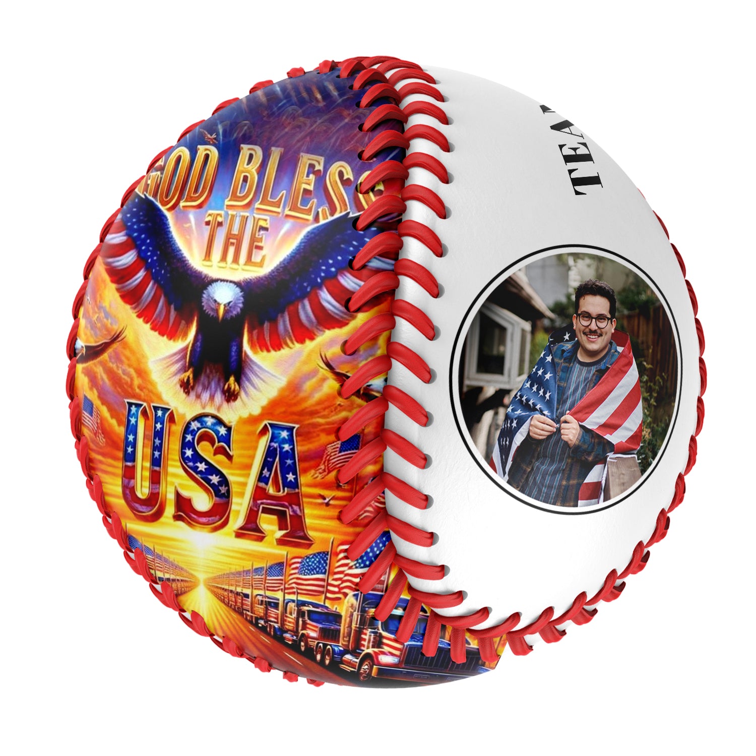 Personalized White Gold Bless USA Flag Eagle Photo Baseballs