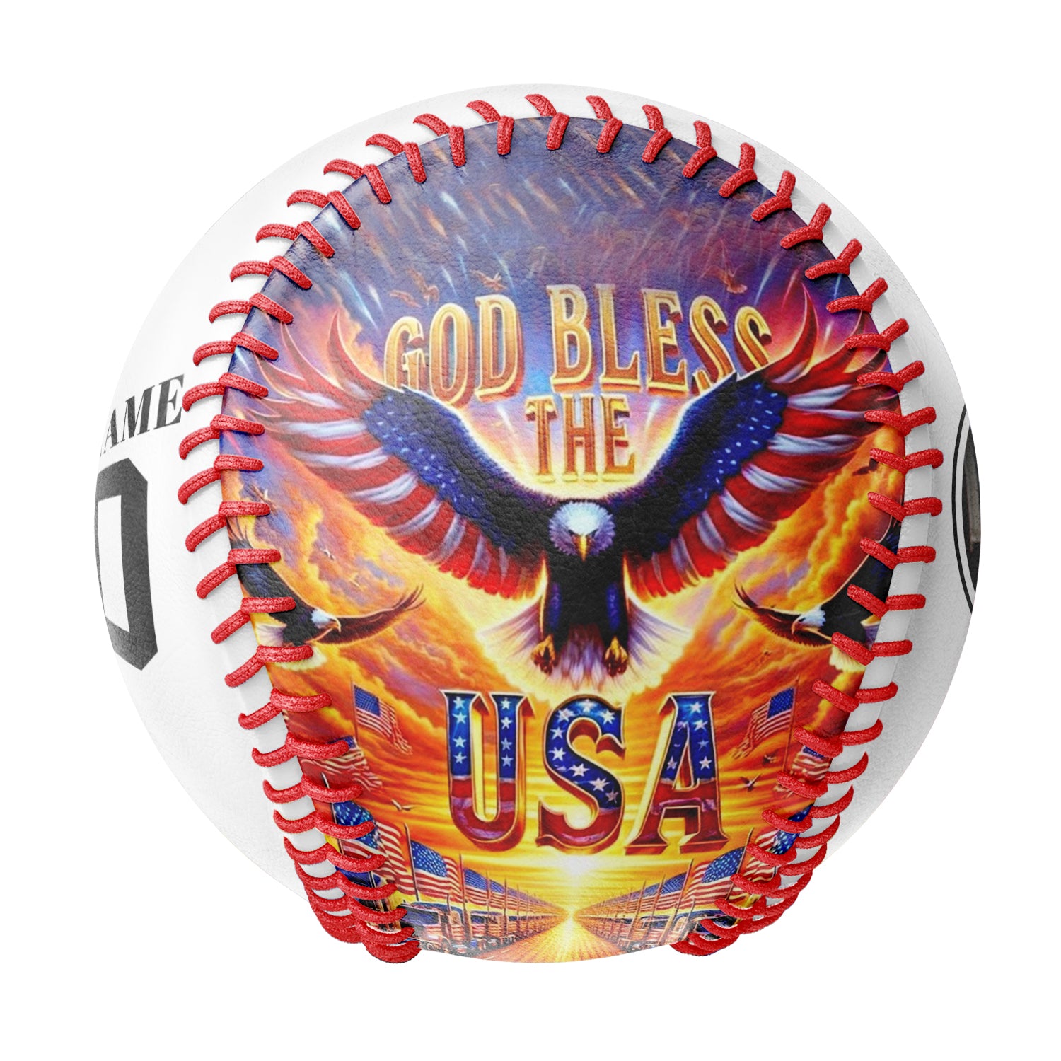 Personalized White Gold Bless USA Flag Eagle Photo Baseballs