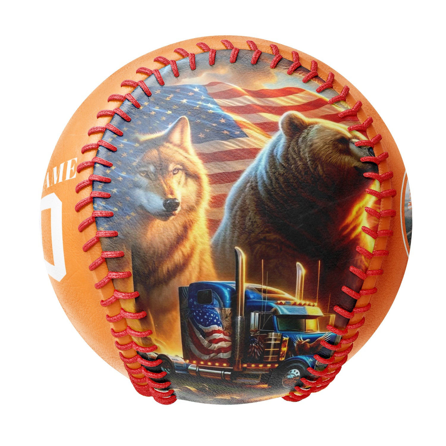 Personalized Orange American Flag Wolf Bear Truck Photo Baseballs