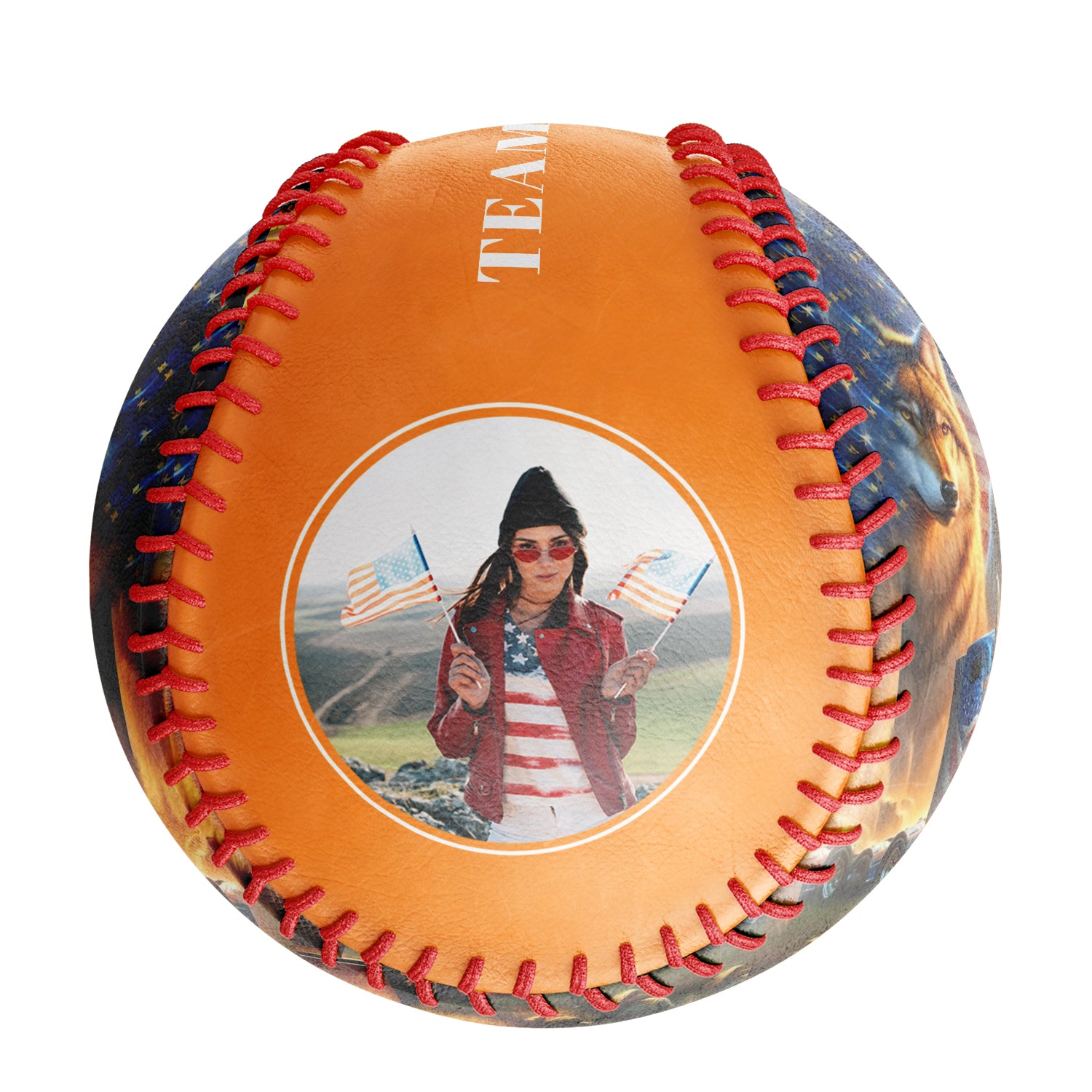 Personalized Orange American Flag Wolf Bear Truck Photo Baseballs