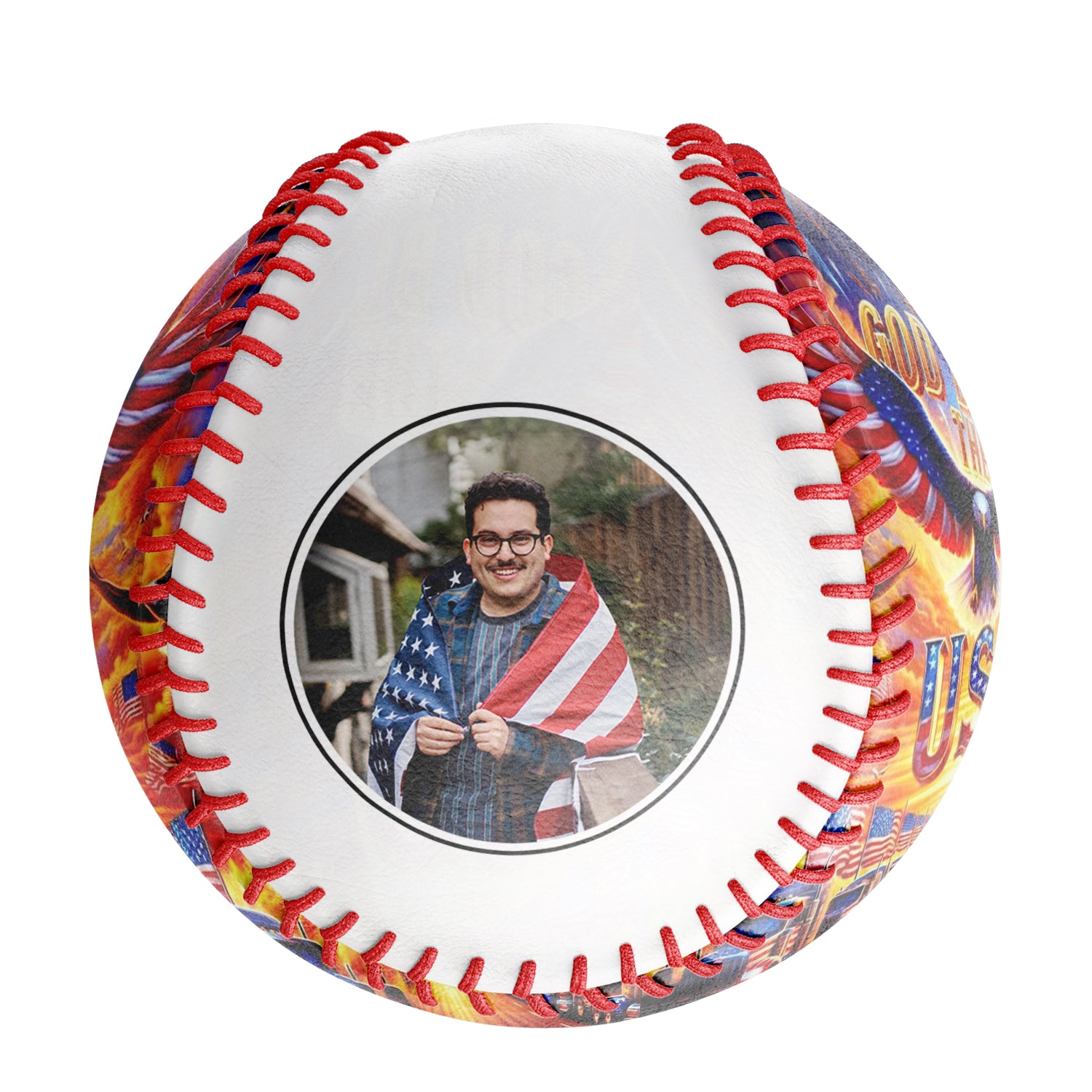 Personalized White Gold Bless USA Flag Eagle Photo Baseballs