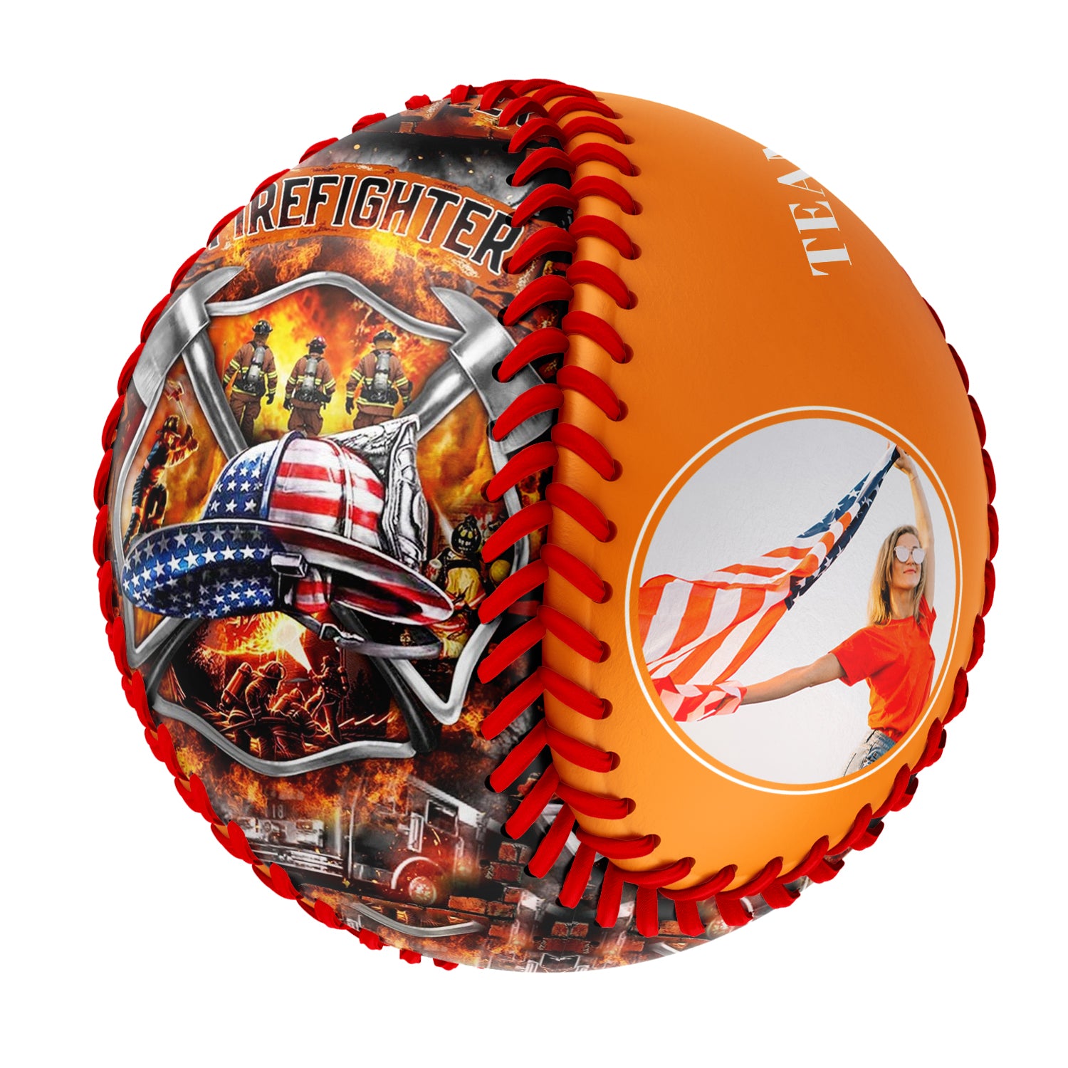 Personalized Bay Orange American Flag Firefighter Photo Baseballs