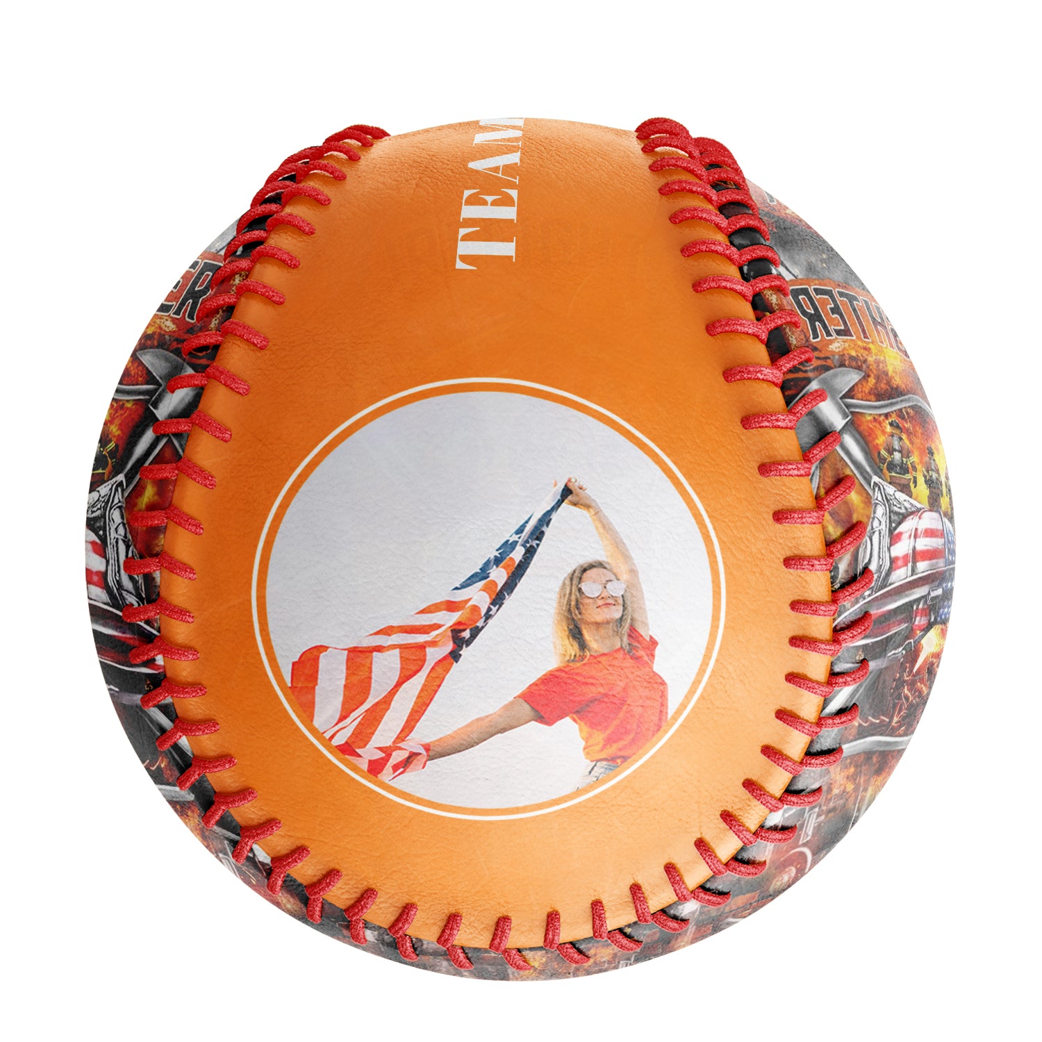 Personalized Bay Orange American Flag Firefighter Photo Baseballs