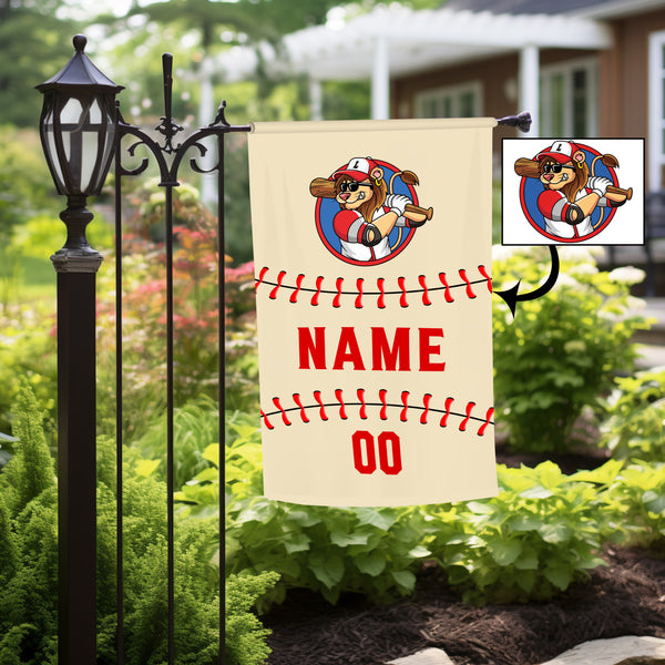 Personalized Baseball Khaki Red Number Logo Garden Flag