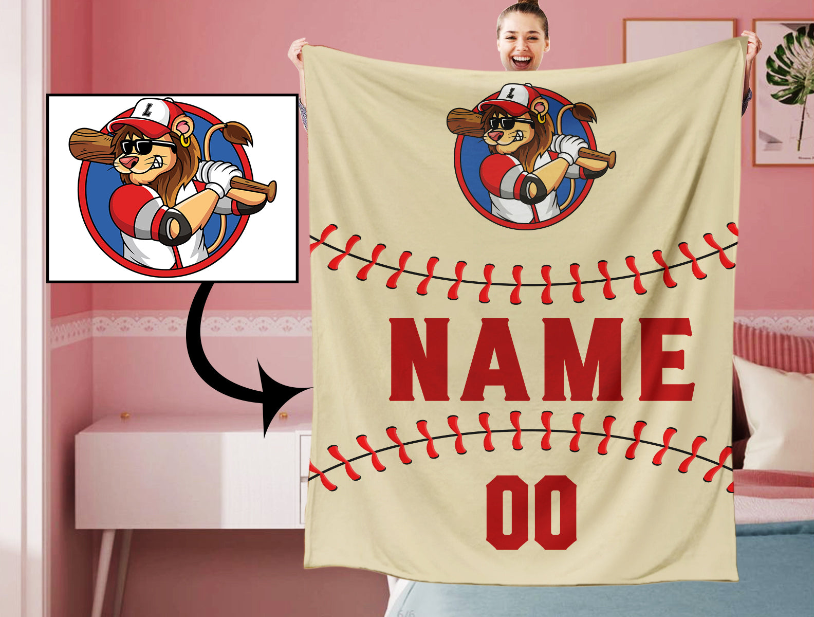 Personalized Khaki Red Baseball Team Logo Sports Blanket