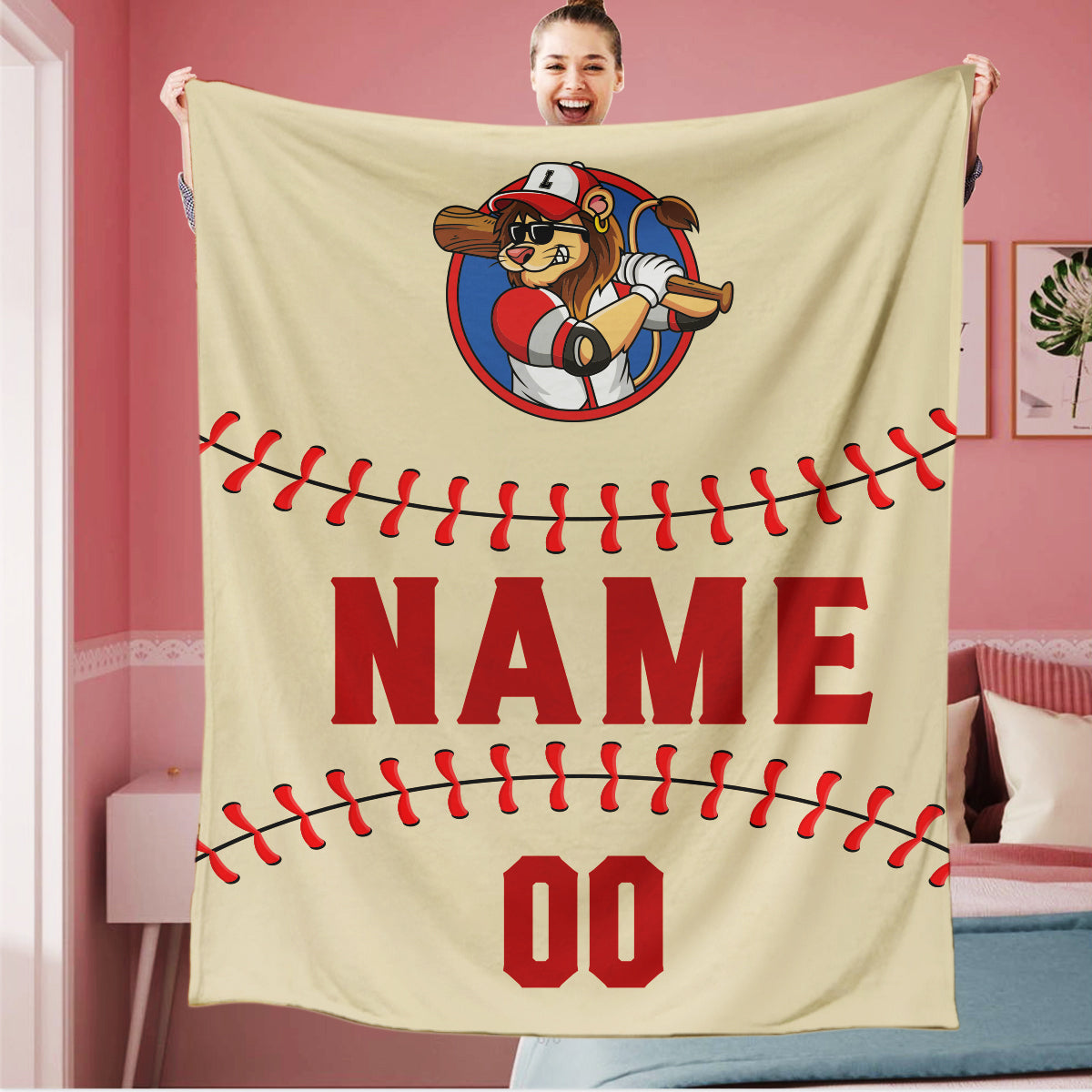 Personalized Khaki Red Baseball Team Logo Sports Blanket