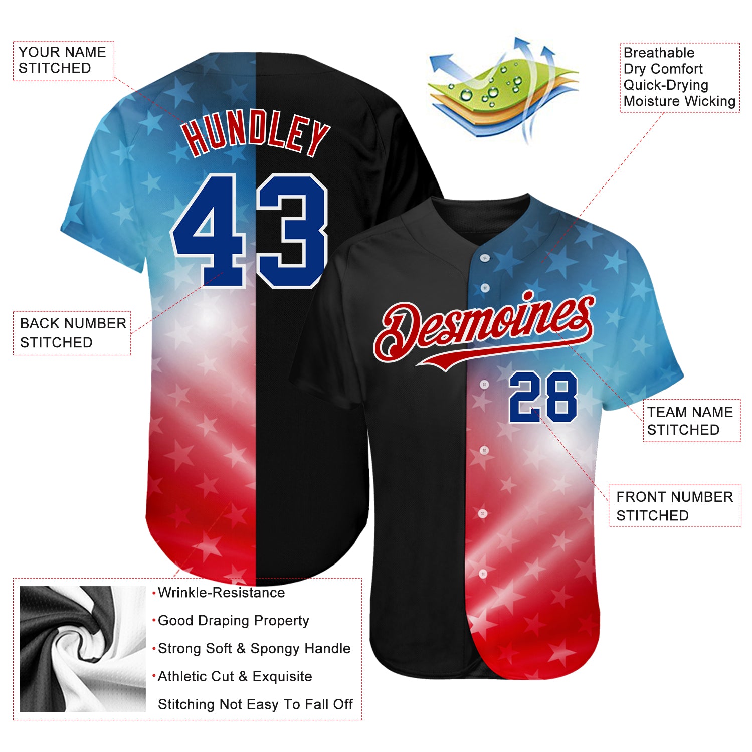 Custom Black Royal-Red 3D American Flag Fashion Authentic Baseball Jersey