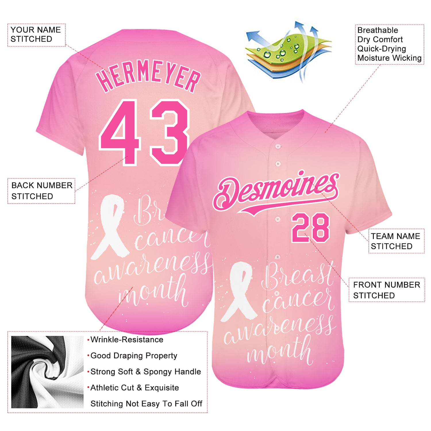 Custom Pink White 3D Pink Ribbon Breast Cancer Awareness Month Women Health Care Support Authentic Baseball Jersey