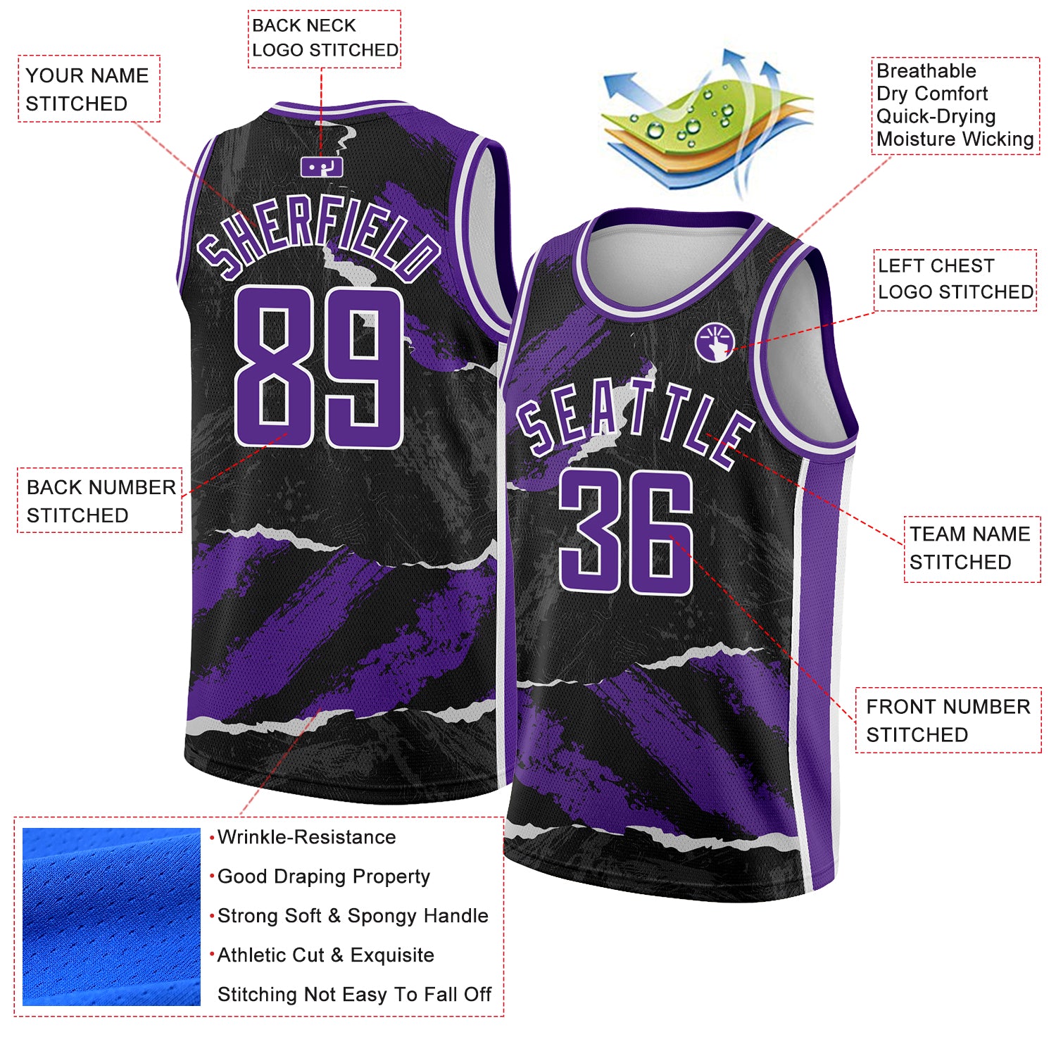 Custom Black Purple-White 3D Pattern Design Torn Paper Style Authentic Basketball Jersey