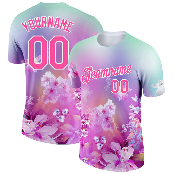 Custom Pink White 3D Pattern Design Flowers Performance T-Shirt