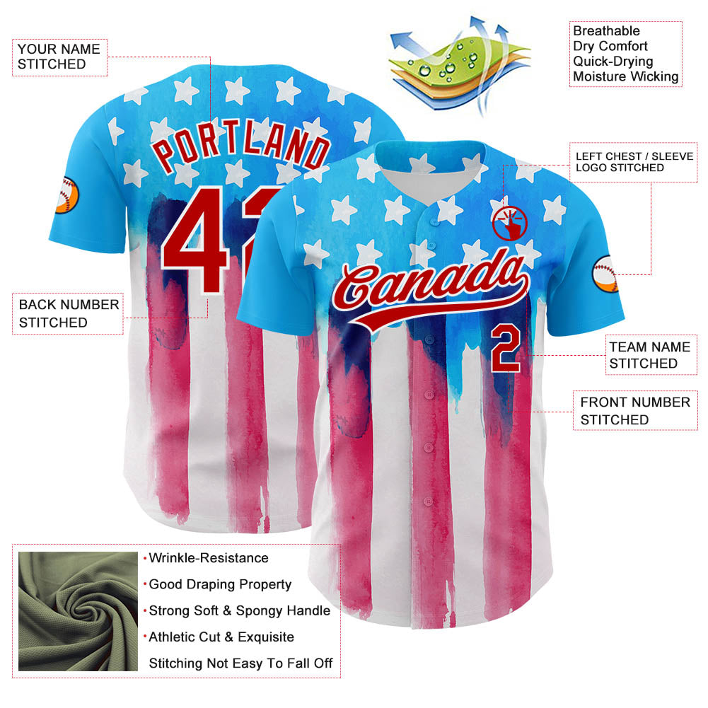 Custom Electric Blue Red-White 3D American Flag Patriotic Authentic Baseball Jersey