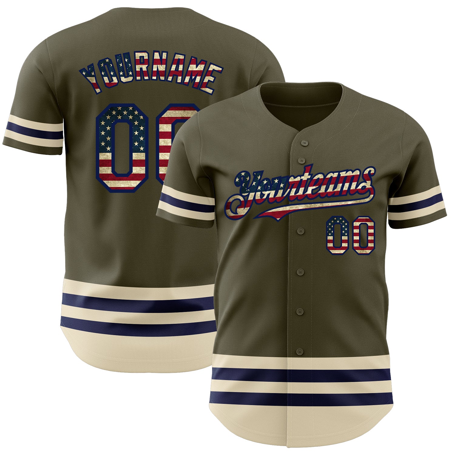 Custom Olive Vintage USA Flag Navy-Cream Line Authentic Salute To Service Baseball Jersey