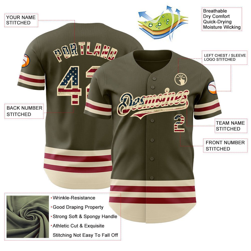 Custom Olive Vintage USA Flag Cream-Maroon Line Authentic Salute To Service Baseball Jersey