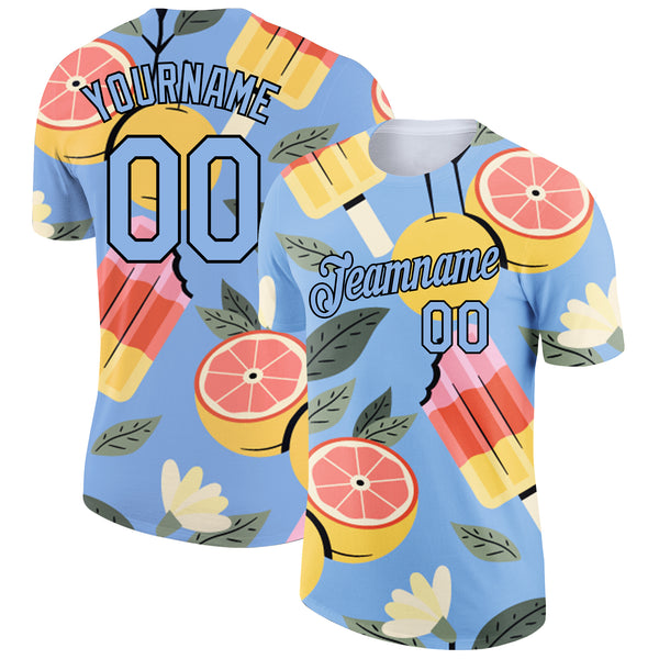 Custom Light Blue Black 3D Pattern Design Summer Holiday Ice Cream And Fruit Performance T-Shirt