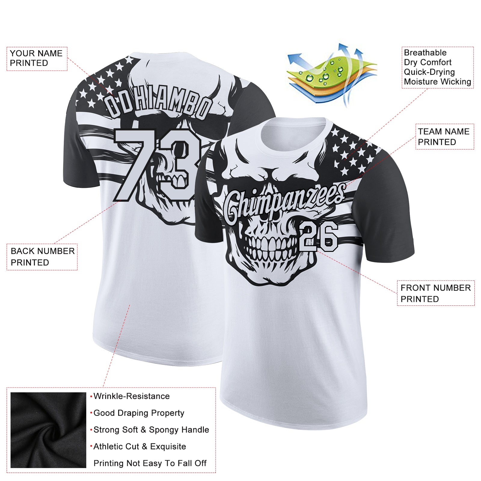 Custom White Black 3D Skull With American Flag Performance T-Shirt