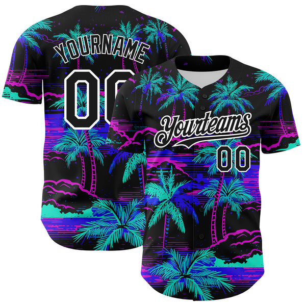 Custom Black White 3D Pattern Design Beach Hawaii Palm Trees Authentic Baseball Jersey