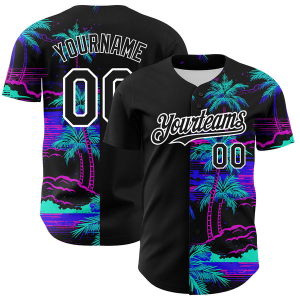 Custom Black White 3D Pattern Design Beach Hawaii Palm Trees Authentic Baseball Jersey