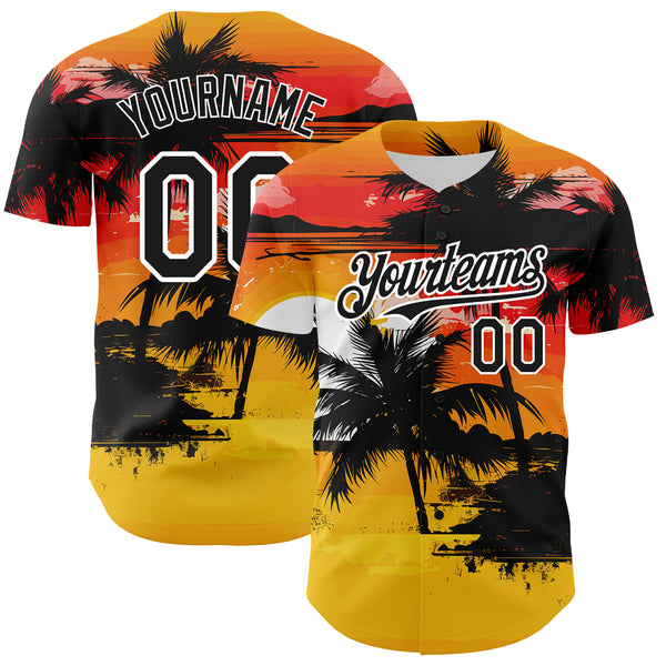 Custom Yellow Black White 3D Pattern Design Beach Hawaii Palm Trees Authentic Baseball Jersey