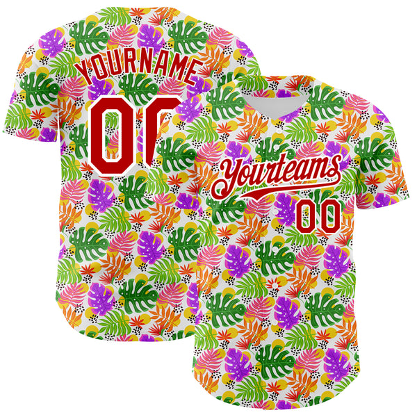 Custom White Red 3D Pattern Design Tropical Hawaii Palm Leaves Authentic Baseball Jersey