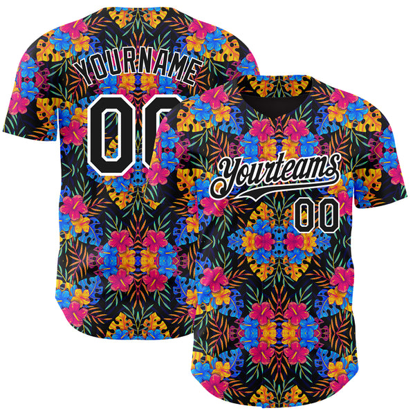 Custom Black White 3D Pattern Design Tropical Flower And Hawaii Palm Leaves Authentic Baseball Jersey