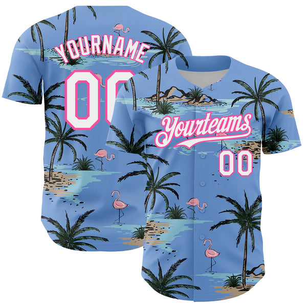 Custom Light Blue White-Pink 3D Pattern Design Tropical Hawaii Palm Trees Authentic Baseball Jersey