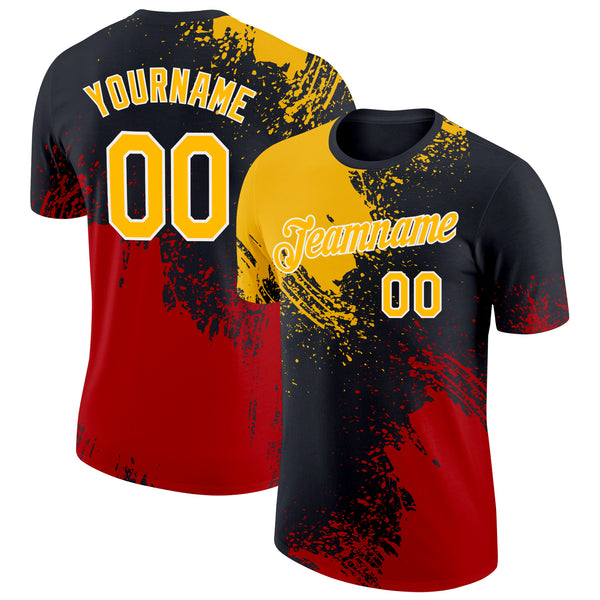 Custom Gold Black-Red 3D Pattern Design Abstract Brush Stroke Performance T-Shirt