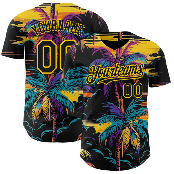 Custom Black Yellow 3D Pattern Design Tropical Hawaii Palms Trees Authentic Baseball Jersey