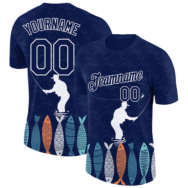 Custom Navy White 3D Pattern Design Fishing Performance T-Shirt