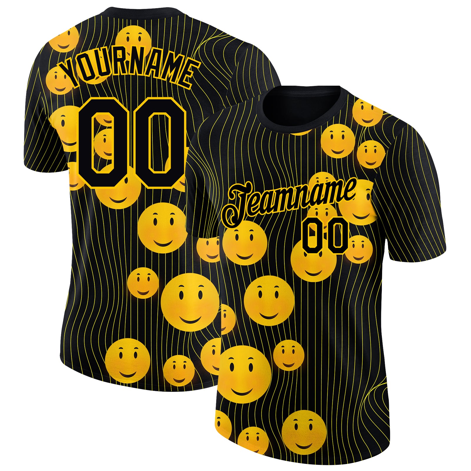 Custom Black Gold 3D Pattern Design Smile Emoji Performance T-Shirt