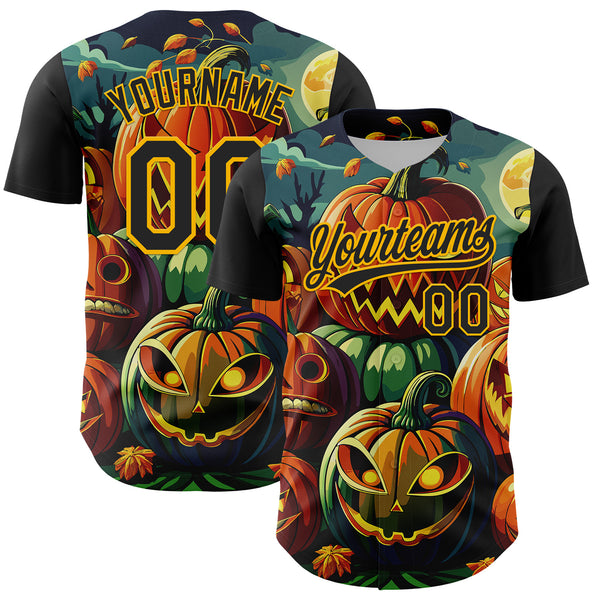 Custom Black Gold 3D Halloween Authentic Baseball Jersey