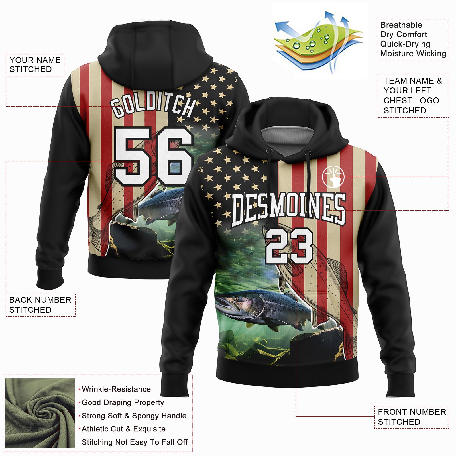 Custom Stitched Black City Cream-Red 3D American Flag And Atlantic Salmon Fish Fishing Sports Pullover Sweatshirt Hoodie