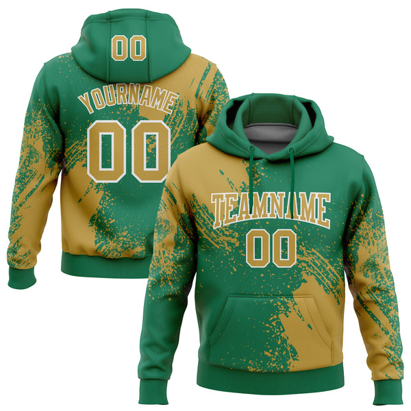 Custom Stitched Kelly Green Old Gold-White 3D Pattern Design Abstract Brush Stroke Sports Pullover Sweatshirt Hoodie