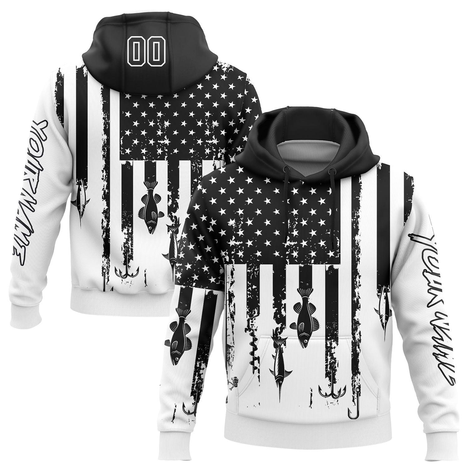 Custom Stitched White Black 3D American Flag And Fish Hook Fishing Sports Pullover Sweatshirt Hoodie