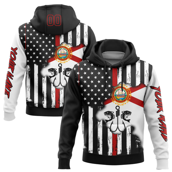 Custom Stitched Black Red-White 3D American Flag And Fish Hook Fishing Sports Pullover Sweatshirt Hoodie