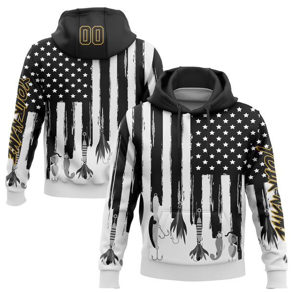 Custom Stitched Black Old Gold-White 3D American Flag And Fish Hook Fishing Bait Sports Pullover Sweatshirt Hoodie