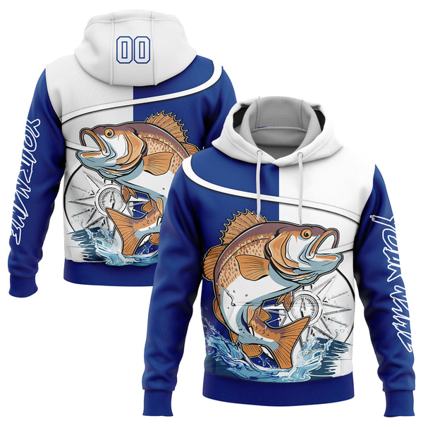 Custom Stitched Thunder Blue White 3D Largemouth Bass Fish Fishing Sports Pullover Sweatshirt Hoodie