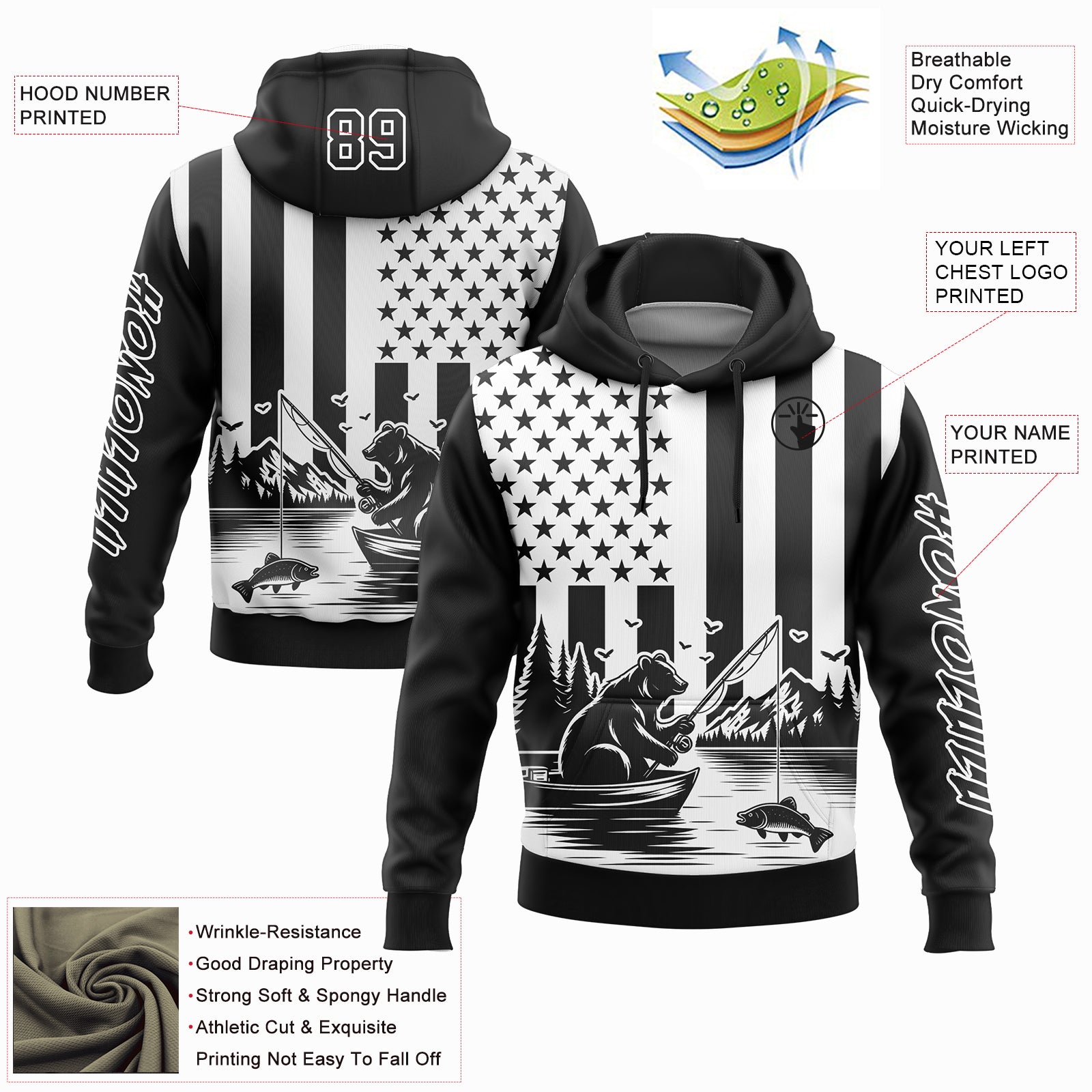 Custom Stitched Black White 3D American Flag And Fish Fishing Sports Pullover Sweatshirt Hoodie