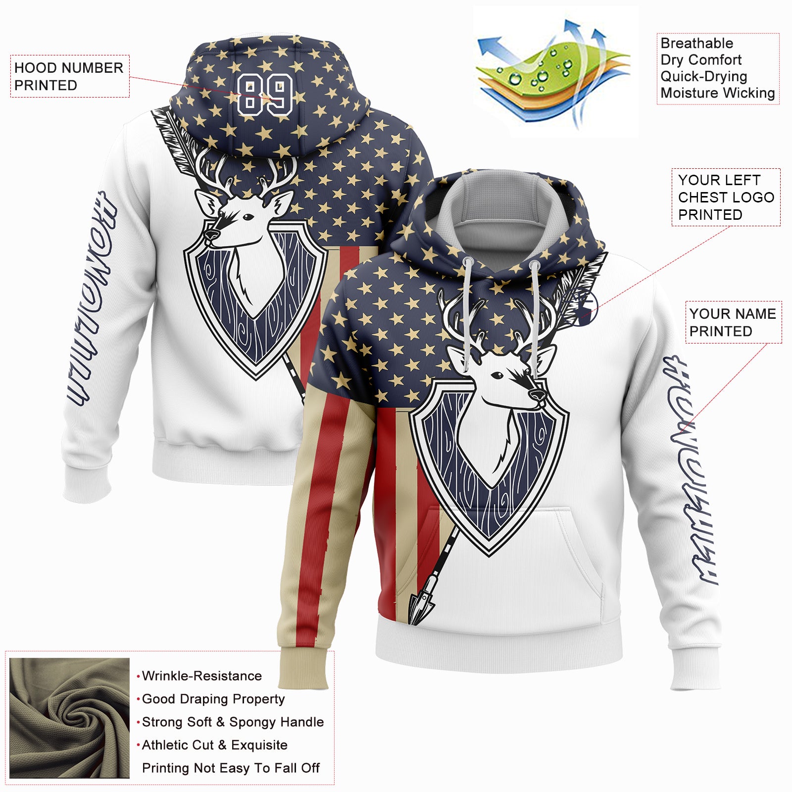 Custom Stitched White Navy 3D American Flag And Deer Hunting Sports Pullover Sweatshirt Hoodie