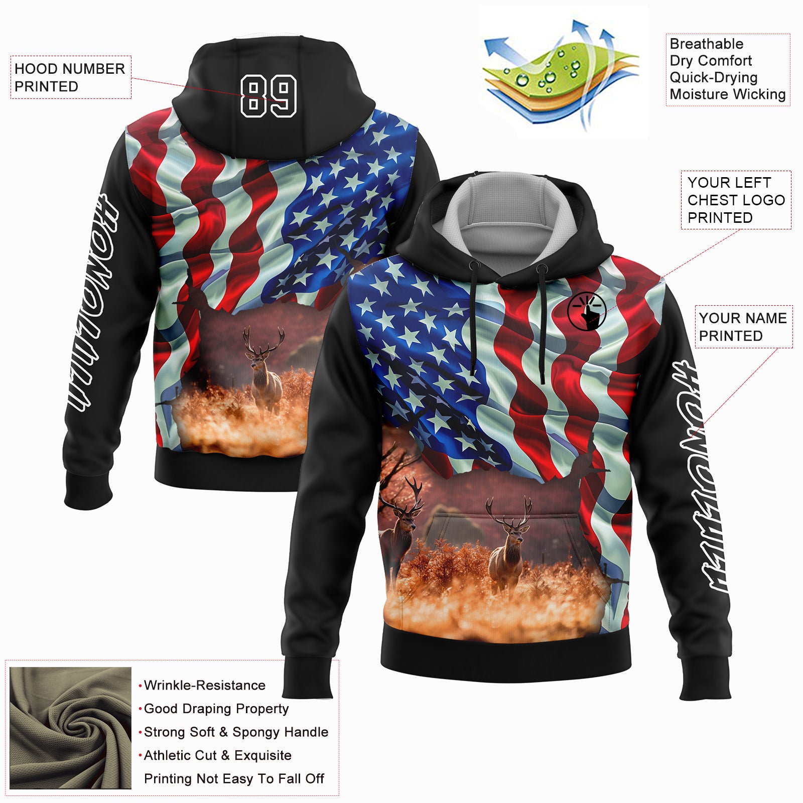 Custom Stitched Black White 3D American Flag And Deer Hunting Sports Pullover Sweatshirt Hoodie