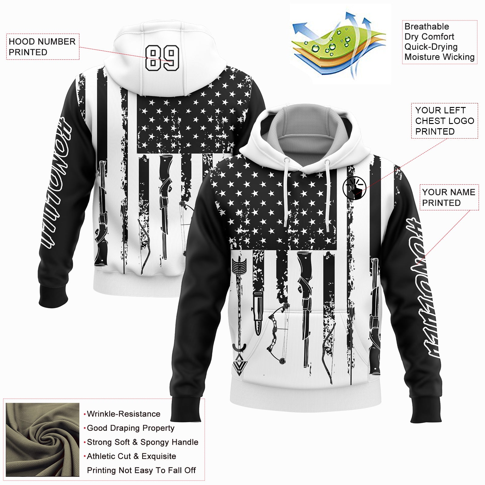 Custom Stitched Black White 3D American Flag And Hunting Tools Sports Pullover Sweatshirt Hoodie