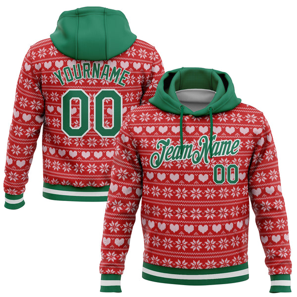 Custom Stitched Maroon Kelly Green-White 3D Christmas Sports Pullover Sweatshirt Hoodie